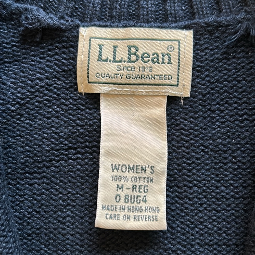 LL Bean Navy Blue Chunky Cable Knit Cardigan zipper Sweater 100% Cotton Size M - Picture 3 of 10